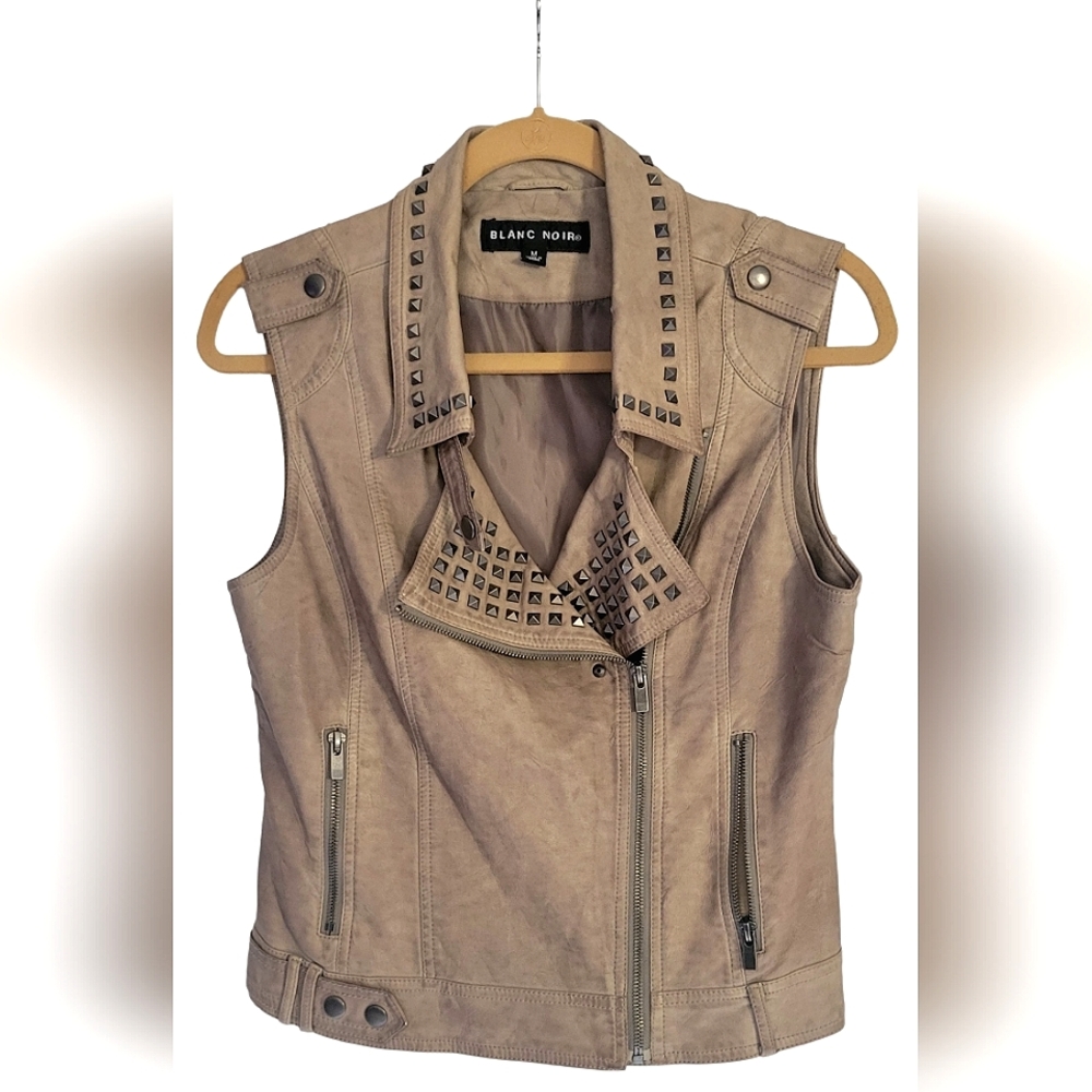 Blanc Noir Vegan Leather Beige Lined Studded Moto Biker Vest Size M